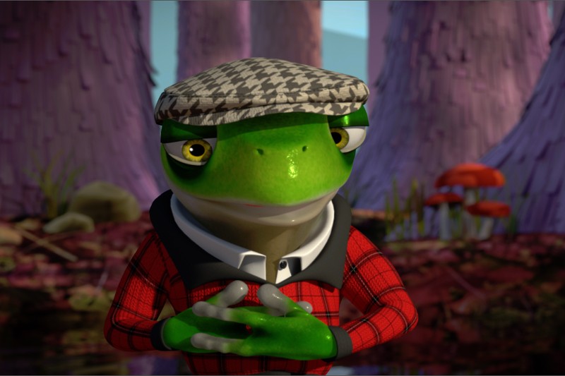 Zielona żaba z kreskówek ubrana w czapkę w pepitkę i czerwoną kraciastą kurtkę stoi ze splecionymi palcami na tle lasu z fioletowymi pniami drzew i czerwonymi grzybami.