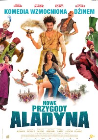 Kolorowy plakat filmowy do filmu Nowe przygody Aladyna ukazuje pełne życia postacie w zabawnych kostiumach, w tym Aladyna trzymającego lampę. Plakat zawiera polski tekst i charakteryzuje się żywą, komediową atmosferą.