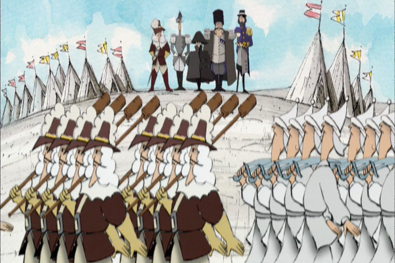 Ilustrowani żołnierze w brązowo-białych mundurach maszerują w szyku, naprzeciwko siebie na zaśnieżonym polu z namiotami i flagami. Cztery postacie stoją na wzgórzu w tle, obserwując scenę.