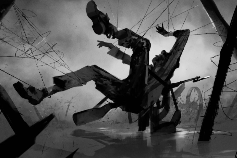 Monochromatyczna ilustracja przedstawia osobę w garniturze upadającą do tyłu, zaplątaną w drut kolczasty z rozłożonymi ramionami i nogami. Tło jest mgliste i chaotyczne, co sugeruje poczucie walki lub konfliktu.