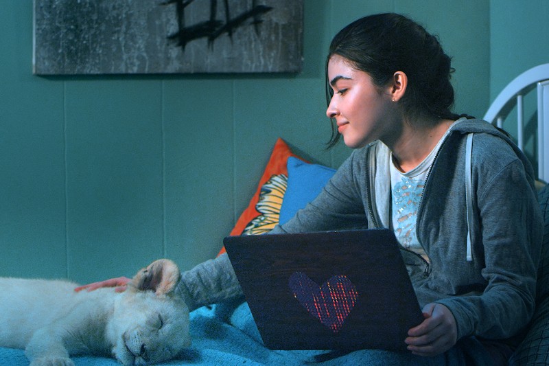 Dziewczynka siedzi na łóżku z laptopem, uśmiechając się delikatnie, głaszcząc białego lwiątka odpoczywającego obok niej. Pokój jest delikatnie oświetlony turkusowymi ścianami i kolorowymi poduszkami w tle.