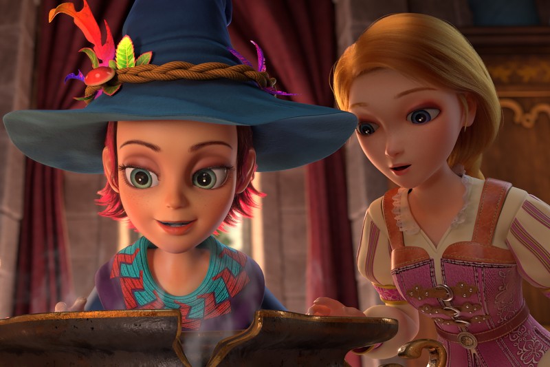 Dwie animowane dziewczyny stoją blisko siebie przed dużym kotłem. Jedna nosi niebieski kapelusz czarownicy ozdobiony piórami, podczas gdy druga, w różowej sukience, patrzy z ciekawością, jak zaglądają do kotła.