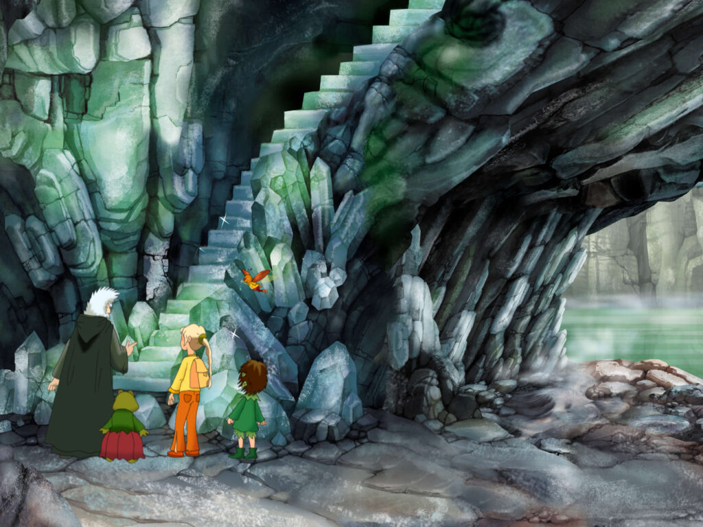 Cztery animowane postacie i małe czerwone stworzenie stoją przed kamiennymi schodami wykutymi w skalistej, oświetlonej na zielono ścianie jaskini, w tle widać mglisty zbiornik wodny.