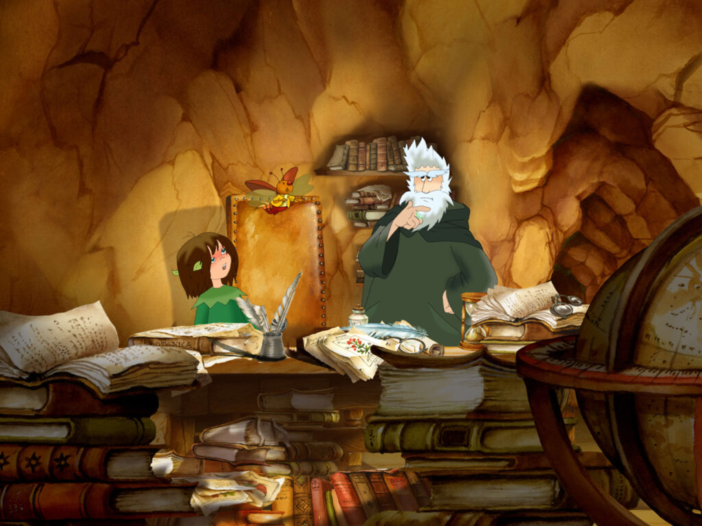 Dziewczyna i starszy mężczyzna z białymi włosami siedzą w przytulnym, zagraconym gabinecie wypełnionym książkami, papierami i globusem. Małe pomarańczowe stworzenie siedzi na oprawionej fotografii na ścianie za nimi.