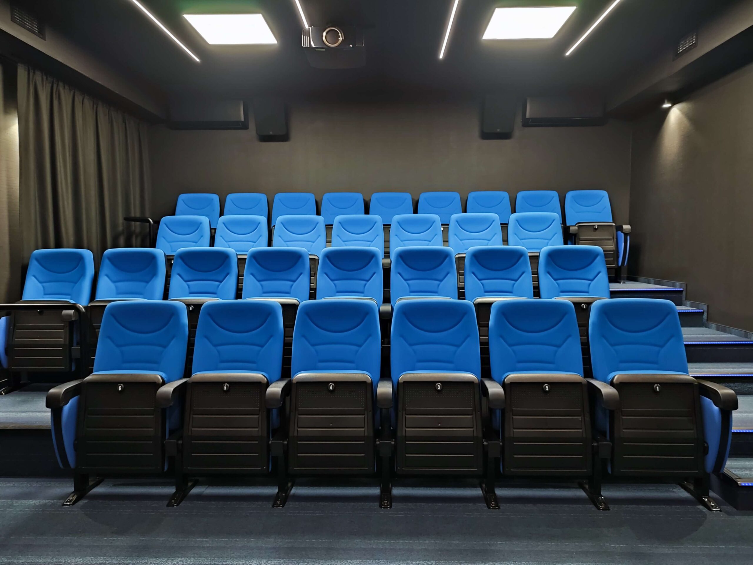 Małe, puste kino z pięcioma rzędami niebieskich, wyściełanych siedzeń zwróconych w stronę pustego ekranu. Pomieszczenie jest słabo oświetlone górnymi światłami, a wzdłuż jednej ze ścian wiszą czarne zasłony.