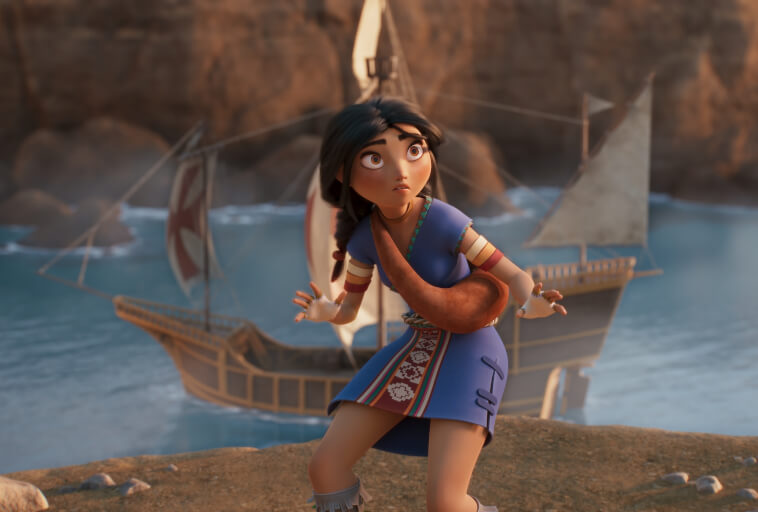 Zmartwiona animowana dziewczyna o ciemnych włosach i niebieskiej sukience stoi przed dużym żaglowcem w pobliżu skalistych klifów i wody.