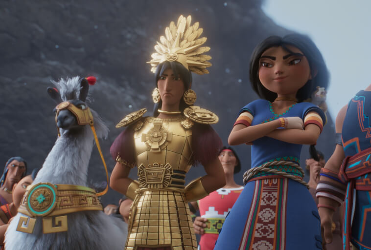 Mężczyzna w złotej zbroi i pierzastym nakryciu głowy stoi obok pewnej siebie kobiety w tradycyjnym niebieskim stroju, z udekorowaną lamą i innymi ludźmi w tle.