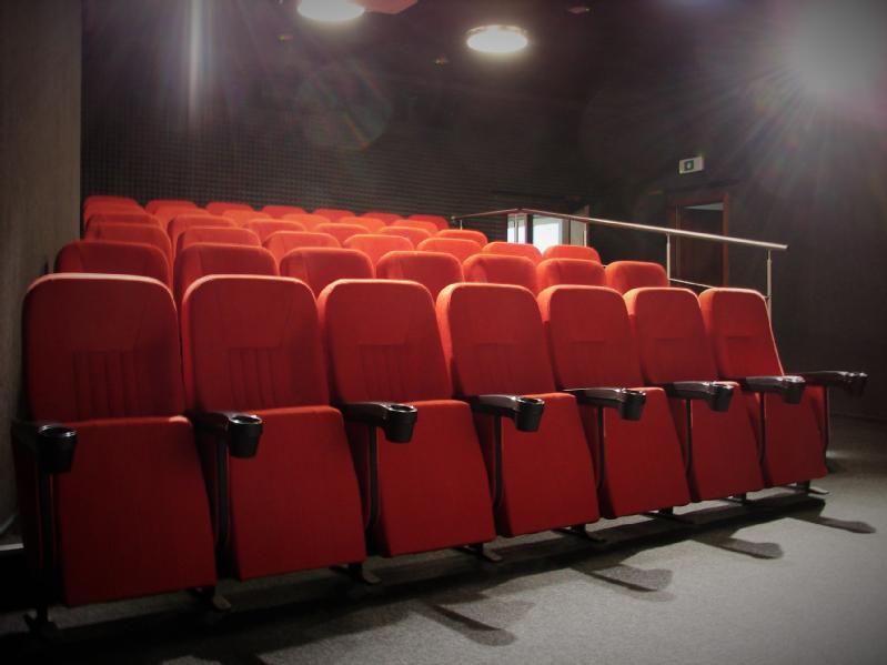 Rzędy pustych, czerwonych foteli teatralnych ustawione są w małej, słabo oświetlonej sali kinowej, w tle widać drzwi.