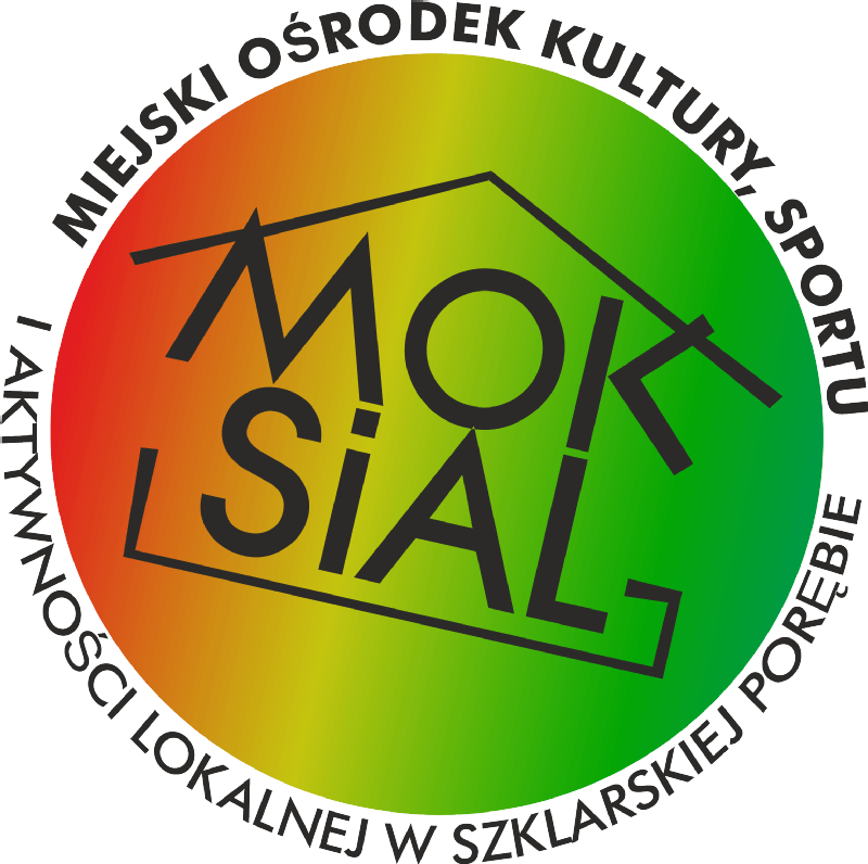 Logo z tekstem MOKSiAL w obrysie domu, na okrągłym tle z gradientem od czerwonego do zielonego. W kręgu: MIEJSKI OŚRODEK KULTURY, SPORTU I AKTYWNOŚCI LOKALNEJ W SZKLARSKIEJ PORĘBIE.