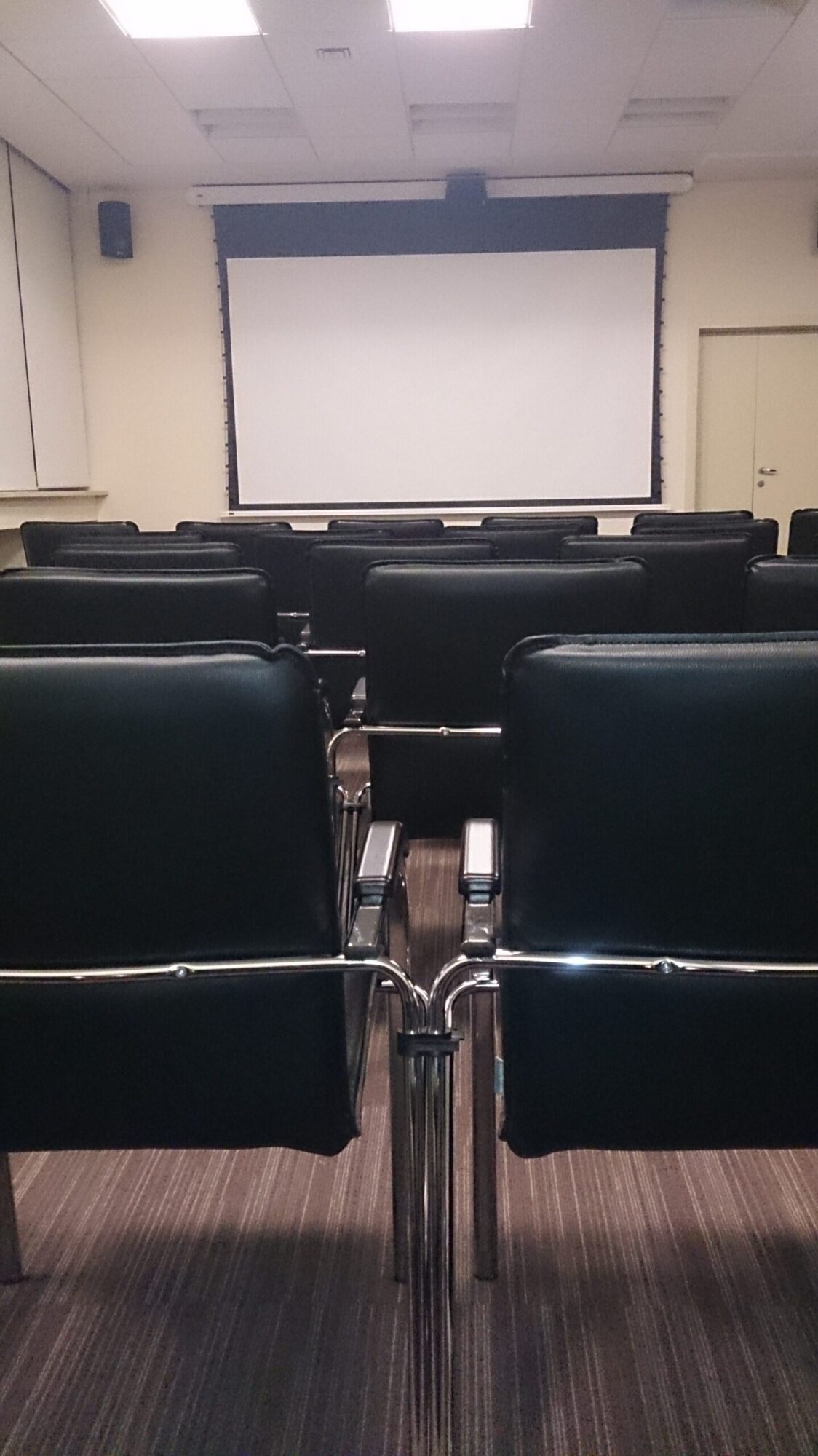 Rzędy pustych czarnych krzeseł ustawione są naprzeciwko dużego, pustego ekranu projekcyjnego w małej sali wykładowej lub konferencyjnej o beżowych ścianach i wykładzinie dywanowej.