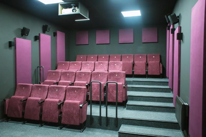 Mała nowoczesna sala kinowa z rzędami różowych tapicerowanych siedzeń, szarą wykładziną, fioletowymi panelami ściennymi do akustyki i projektorem zamontowanym na suficie. Sala wydaje się pusta i dobrze oświetlona.