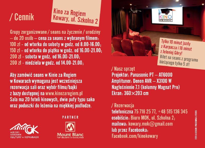 Broszura kina w języku polskim z czerwonymi i beżowymi sekcjami, pokazująca ceny biletów, informacje o wynajmie, szczegóły dotyczące miejsca, specyfikacje sprzętu, dane kontaktowe i małe zdjęcie ekranu kina. Tekst podkreśla oferty grupowe i dostępność.