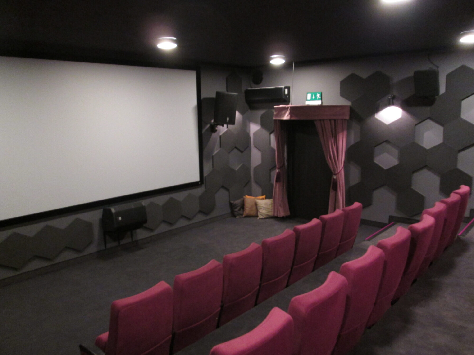 Małe, nowoczesne kino z różowymi siedzeniami, dużym pustym ekranem, sześciokątnymi szarymi panelami ściennymi i zasłoniętymi drzwiami z poduszkami w pobliżu. Pomieszczenie jest słabo oświetlone górnymi światłami.