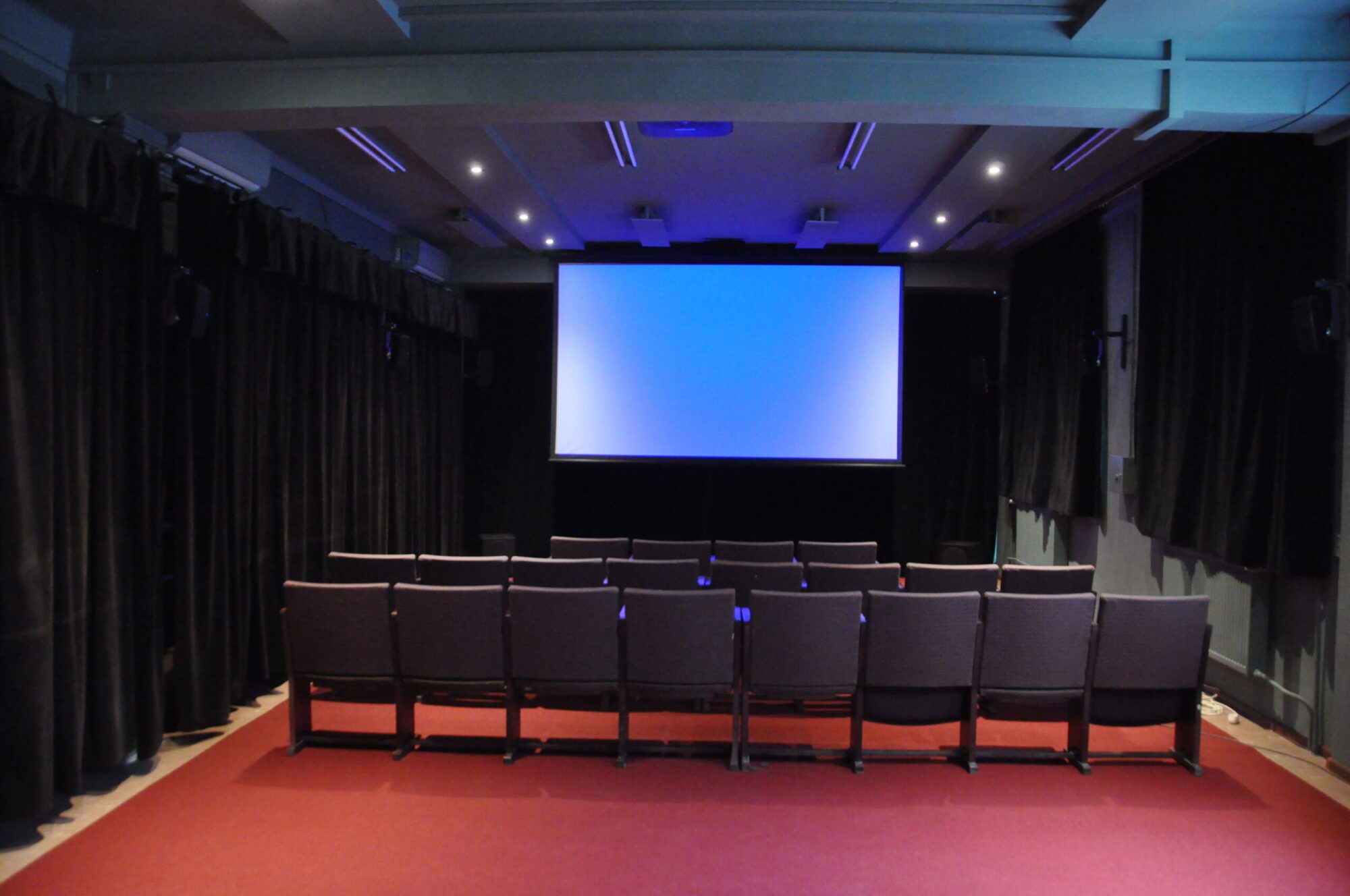 Małe, puste kino z rzędami czarnych siedzeń zwróconych w stronę dużego, pustego ekranu. W pomieszczeniu są czarne zasłony na ścianach i czerwona wykładzina, a przestrzeń oświetlają słabe światła sufitowe.