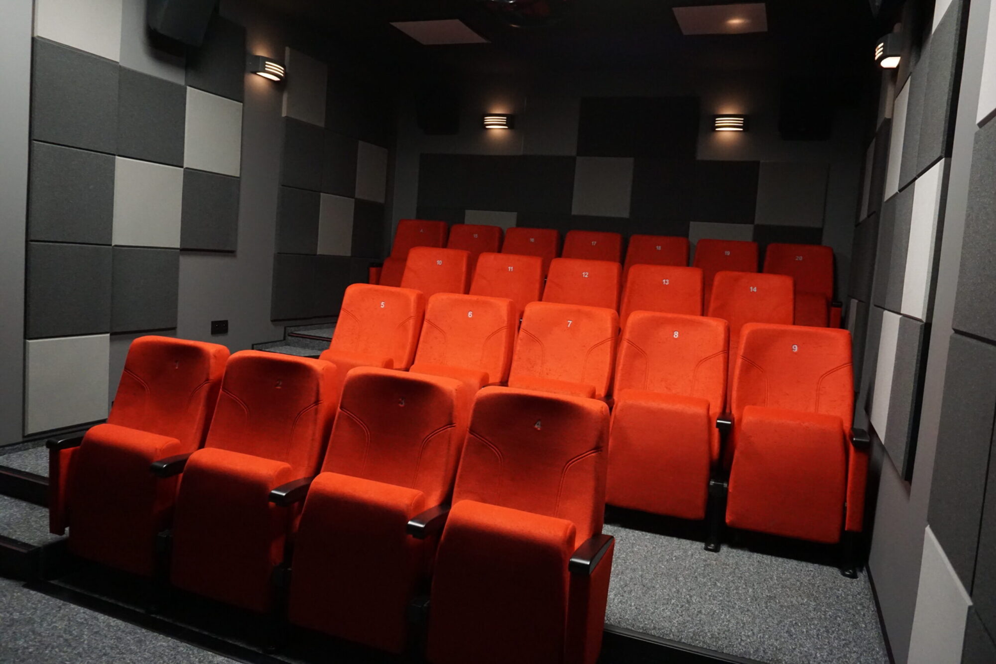 Małe, nowoczesne kino z czerwonymi, tapicerowanymi siedzeniami ustawionymi w rzędach, szarą wykładziną dywanową i panelami dźwiękochłonnymi na ciemnych ścianach. Pomieszczenie jest puste i dobrze oświetlone.