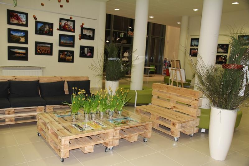 Nowoczesny salon z meblami z palet, roślinami doniczkowymi, oprawionymi zdjęciami na ścianie i beżową podłogą z płytek. Stoły i sofy są wykonane z jasnych palet drewnianych z czarnymi poduszkami i szklanymi wazonami z żółtymi kwiatami.