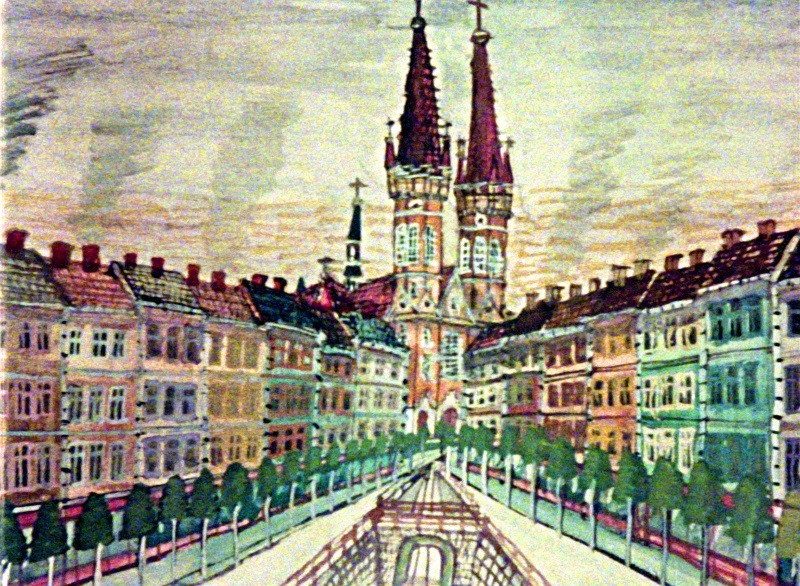 Kolorowy obraz przedstawiający europejskie miasto z dużą katedrą o dwóch wieżach w tle, otoczoną rzędami wysokich, wąskich budynków i obsadzoną drzewami ulicą prowadzącą do katedry.