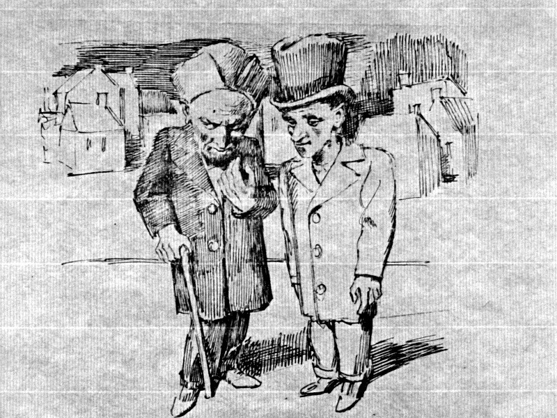 Czarno-biały szkic dwóch mężczyzn stojących razem na zewnątrz; jeden jest starszy, ma brodę, laskę i wysoki kapelusz, a drugi jest młodszy, również nosi wysoki kapelusz. W tle widać budynki.