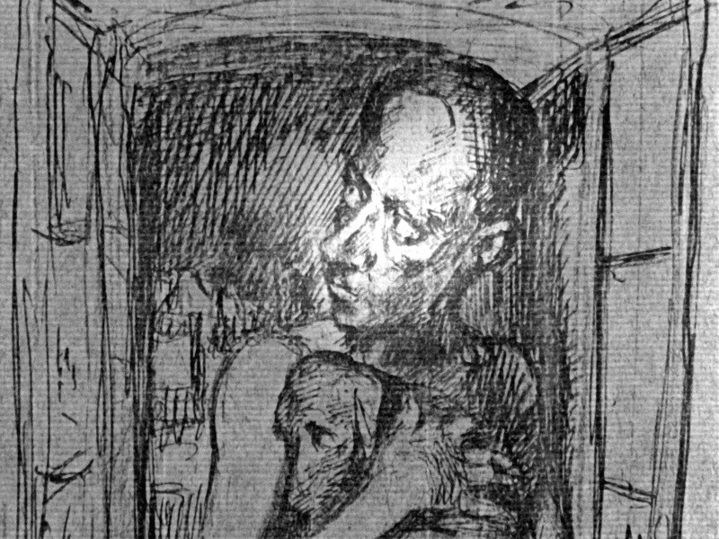 Czarno-biały szkic przedstawia osobę trzymającą małe zwierzę, prawdopodobnie psa, patrzącą czule w dół. Tło wydaje się być drzwiami lub wejściem z przyćmionym oświetleniem.