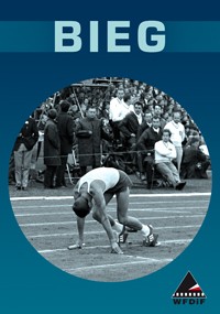 Czarno-białe zdjęcie sprintera w pozycji startowej na bieżni, z widzami w tle. Nad obrazem na niebieskim tle pojawia się słowo BIEG.