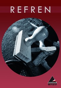 Obraz w skali szarości przedstawiający pieczątki gumowe i poduszki z tuszem na teksturowanej powierzchni. Na górze widnieje słowo „REFREN” dużymi białymi literami, a na dole na czerwonym tle gradientowym znajduje się logo WFDIF.