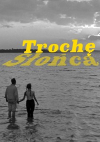 Mężczyzna i kobieta trzymają się za ręce, stojąc w płytkiej wodzie o zachodzie słońca. Obraz jest czarno-biały, a duży żółty tekst na niebie brzmi Trochę Słońca.