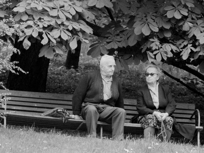 Starszy mężczyzna i kobieta siedzą na ławce w parku pod dużymi gałęziami drzew. Mężczyzna patrzy przed siebie, podczas gdy kobieta, trzymająca laskę i mająca okulary przeciwsłoneczne, patrzy na niego. Oboje mają na sobie ciemne ubrania i wydają się mieć chwilę spokoju.