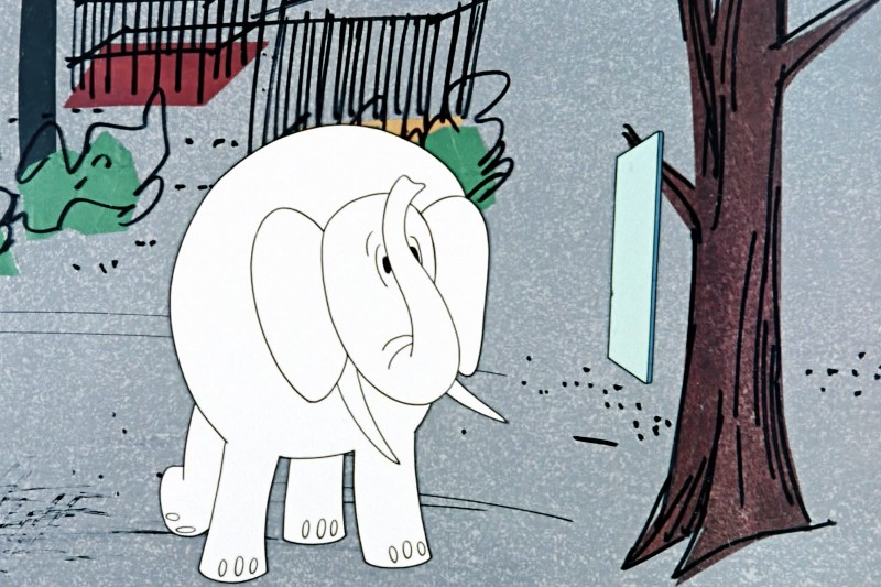 Biały słoń z kreskówki stoi na chodniku naprzeciwko drzewa z prostokątnym znakiem przymocowanym do pnia. W tle widać krzaki i płot.