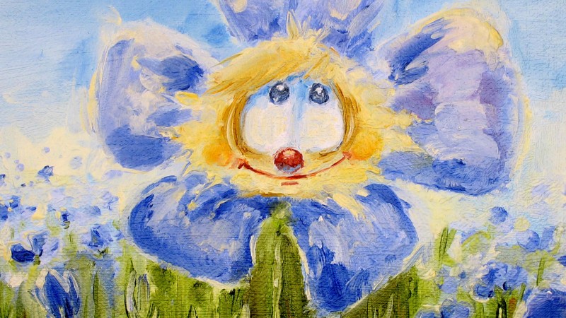 Fantazyjny obraz przedstawiający niebieski kwiat o cechach przypominających człowieka, w tym niebieskich oczach, czerwonym nosie i uśmiechniętych ustach, na zielonym polu pod jasnoniebieskim niebem.