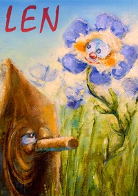 Fantazyjny obraz kłody z oczami i długim nosem wpatrzonej w radosny niebieski kwiat z uśmiechniętą twarzą. Słowo LEN pojawia się na czerwono w lewym górnym rogu. Tło przedstawia trawiastą, słoneczną scenę.