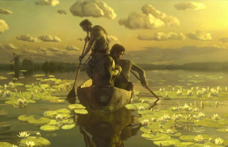 Trzy osoby wiosłują małą drewnianą łódką po spokojnym jeziorze pokrytym liliami o zachodzie słońca, przy delikatnym złotym świetle, chmurach nad głową i odległych wiatrakach na horyzoncie.