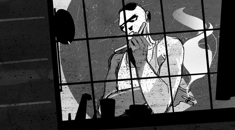 Czarno-biała ilustracja zamyślonej osoby palącej i trzymającej ołówek, widzianej przez okno z cieniami i różnymi przedmiotami na parapecie. Scena ma nastrojową, kontemplacyjną atmosferę.