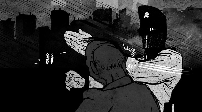 Czarno-biała ilustracja przedstawiająca policjanta w hełmie oznaczonym czaszką, uderzającego nieuzbrojoną osobę. W tle widać mroczny krajobraz miejski i cienie, co tworzy napiętą i dramatyczną scenę.