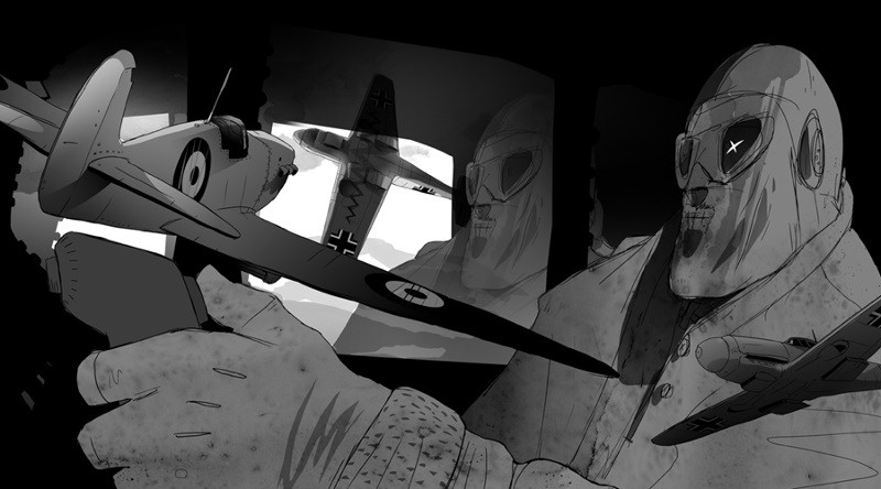 Czarno-biała ilustracja przedstawia zdeterminowanego pilota trzymającego stery w kokpicie, z odbiciem jego twarzy w szkle. Na zewnątrz latają myśliwce z oznaczeniami z II wojny światowej, co sugeruje intensywną bitwę powietrzną.