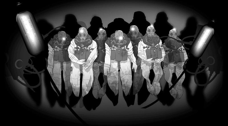 Siedem postaci w maskach gazowych i kombinezonach ochronnych stoi w rzędzie w niesamowitym oświetleniu, na tle mrocznych sylwetek i dużych cylindrycznych zbiorników, co tworzy tajemniczą i złowieszczą atmosferę.