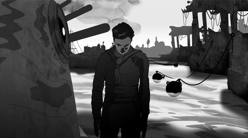 Osoba stoi z pochyloną głową w opustoszałym, czarno-białym krajobrazie przemysłowym, otoczona dużymi maszynami i unoszącymi się kulistymi obiektami. Scena wydaje się ponura i napięta.