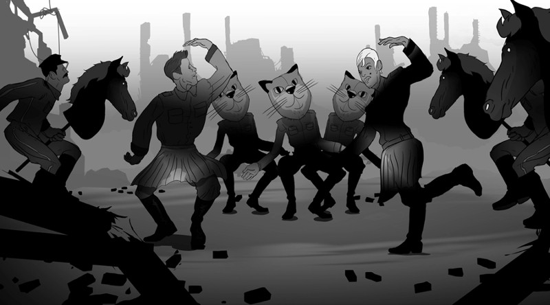 Czarno-biała kreskówka przedstawia żołnierzy z głowami kotów i koni, tańczących w kręgu pośród ruin i gruzów, na tle ogarniętego wojną krajobrazu ze zniszczonymi budynkami w tle.