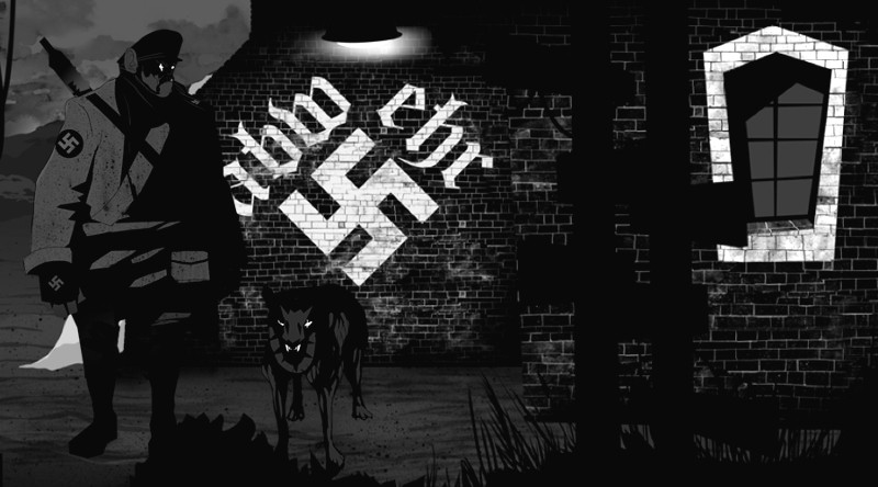 Groźna postać w nazistowskim mundurze stoi obok warczącego psa przed ceglanym murem z dużą swastyką i graffiti, oświetlonym pojedynczym górnym światłem, w ciemnej, złowrogiej scenerii.