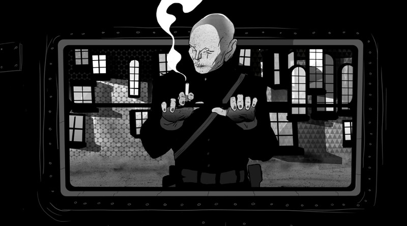 Łysa, pozbawiona wyrazu postać w ciemnym ubraniu stoi przed budynkiem z wieloma oknami, trzymając zapałkę. Obraz jest czarno-biały i ma ponurą, mroczną atmosferę.