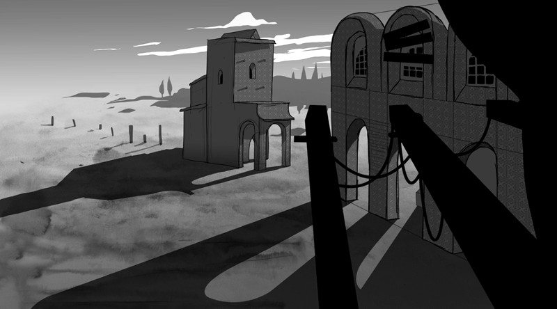 Ilustracja w skali szarości przedstawiająca pusty, odludny krajobraz z dwoma opuszczonymi budynkami rzucającymi długie cienie, zniszczonymi ogrodzeniami i splątanymi kablami pod zachmurzonym niebem.