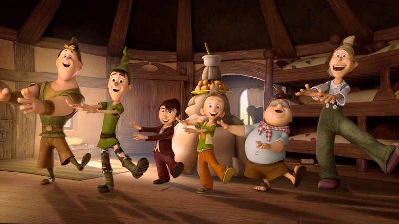 Sześć radosnych animowanych postaci tańczy razem w przytulnym, drewnianym domku z łóżkami piętrowymi i jedzeniem na tacy w tle. Atmosfera jest żywa i radosna.