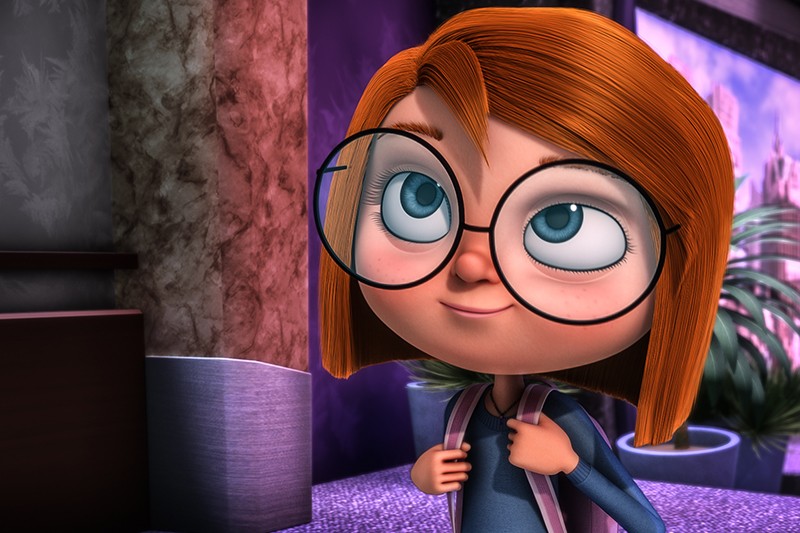 Animowana 3D dziewczyna z dużymi okrągłymi okularami, rudymi włosami i niebieskimi oczami uśmiecha się, trzymając paski plecaka. Stoi w pomieszczeniu z rośliną i kolorową ścianą w tle.