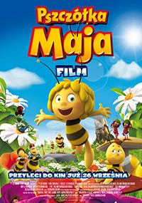 Animowany plakat do filmu „Pszczółka Maja” przedstawiający wesołą pszczółkę Maję i jej przyjaciół na kolorowej łące pełnej kwiatów. U góry i u dołu znajduje się śmiały, żółty i czerwony tekst w języku polskim.
