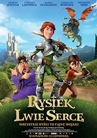 Animowany plakat filmowy przedstawia trzy żądne przygód postacie w średniowiecznych strojach, z jednym chłopcem w zbroi trzymającym miecz, dziewczynką i przestraszonym chłopcem. W tle pojawia się zielony smok i zamek. Tekst tytułu po polsku na dole.