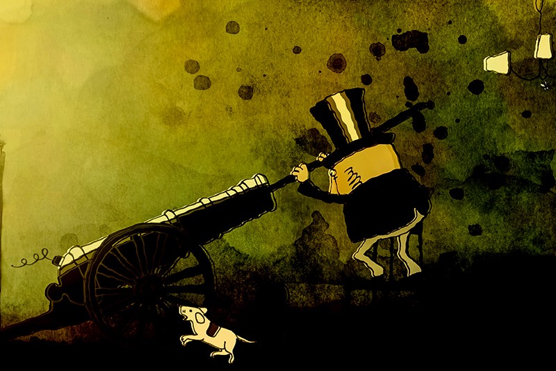 Postać z kreskówki w wysokim kapeluszu ładuje armatę zwojami, podczas gdy w pobliżu biegnie mały biały pies. Tło jest ciemne, nakrapiane na zielono i żółto, co nadaje kapryśną, surrealistyczną atmosferę.