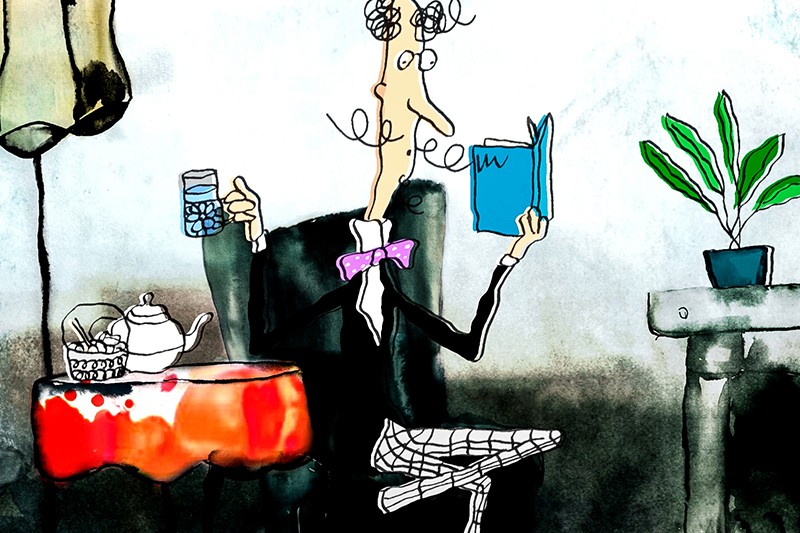 Zabawna karykatura przedstawiająca osobę z kręconymi włosami, ubraną w garnitur i fioletową muszkę, siedzącą ze skrzyżowanymi nogami, trzymającą niebieską książkę i szklankę wody, a na pobliskich stolikach stojącą czajnikiem, filiżanką i rośliną.