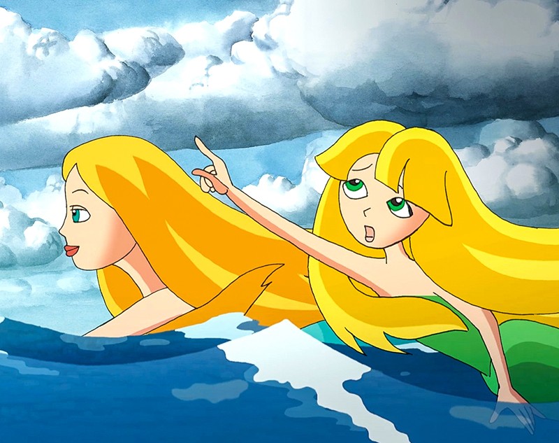 Dwie animowane syreny z długimi blond włosami pływają w błękitnym oceanie pod zachmurzonym niebem. Jedna syrena patrzy przed siebie, a druga wskazuje na coś w oddali, obie z ciekawymi minami.