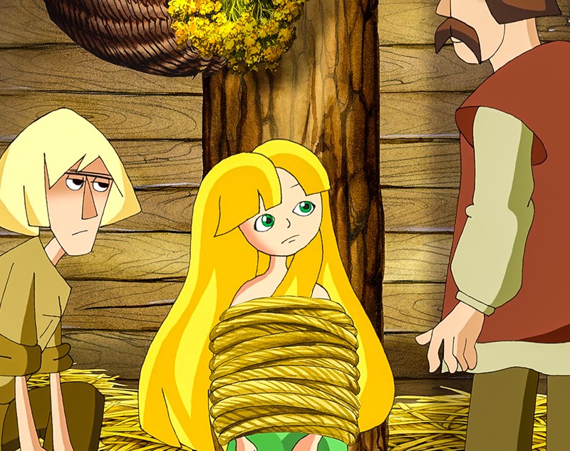 Dziewczyna z długimi blond włosami jest związana liną i siedzi na słomie między dwoma mężczyznami w drewnianej stodole. Scena jest animowana i wykorzystuje jasne kolory.