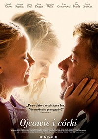 Plakat filmu Ojcowie i córki przedstawia mężczyznę i młodą dziewczynkę dotykających się czołami i uśmiechających się do siebie ciepło, na tle delikatnego światła. Tytuł i napisy końcowe są w języku polskim.