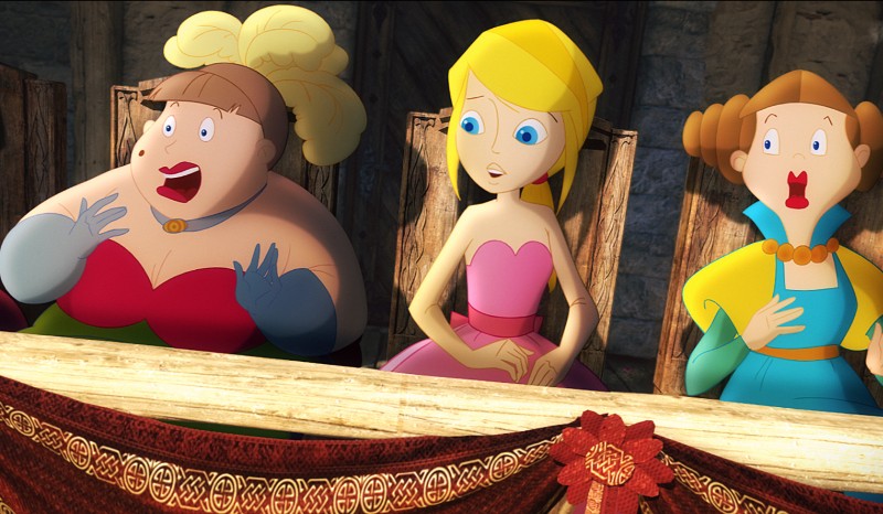 Trzy animowane kobiety w kolorowych sukienkach siedzą przy drewnianym stole, wyglądając na zaskoczone lub zszokowane. W tle widać drewniane ściany, a nad stołem wisi dekoracyjna tkanina z czerwonym kwiatem.